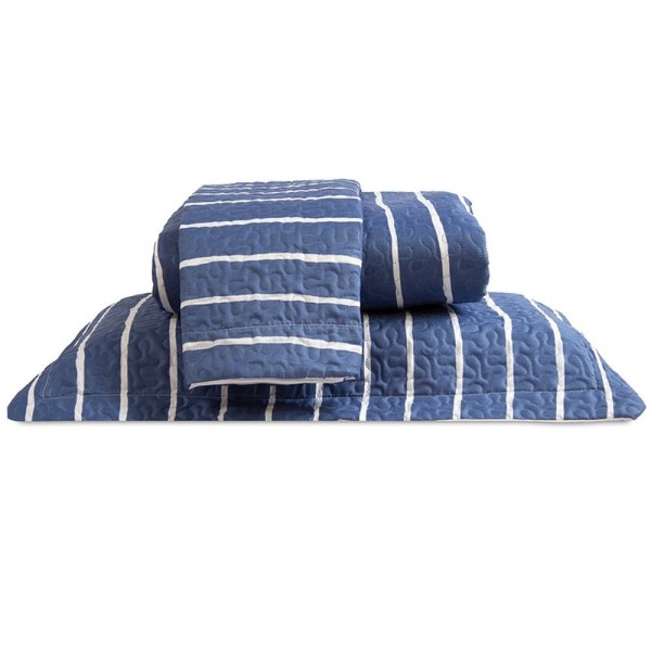 Encontraproduto.com.br - Cobre Leito Casal Padrão Bouti Basic Estampado 180 Fios 3 Peças - Listra Azul Marinho