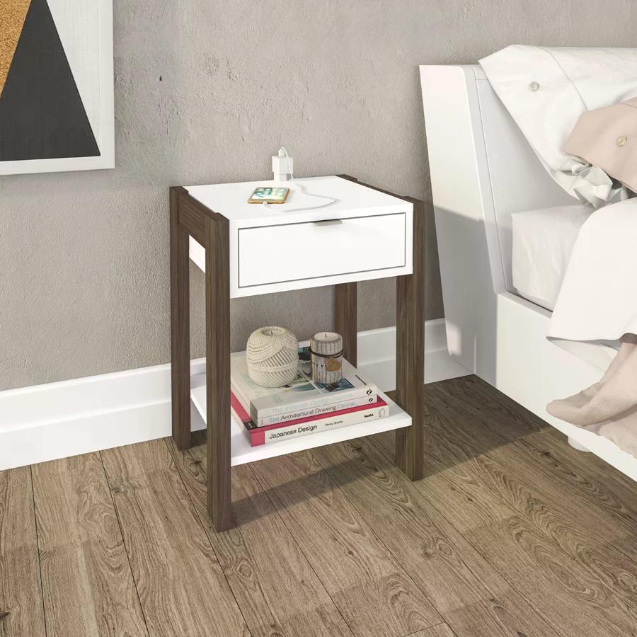 Encontraproduto.com.br - Mesa De Cabeceira Com Tomada 1 Gaveta Az1016 Branco Nogal Br