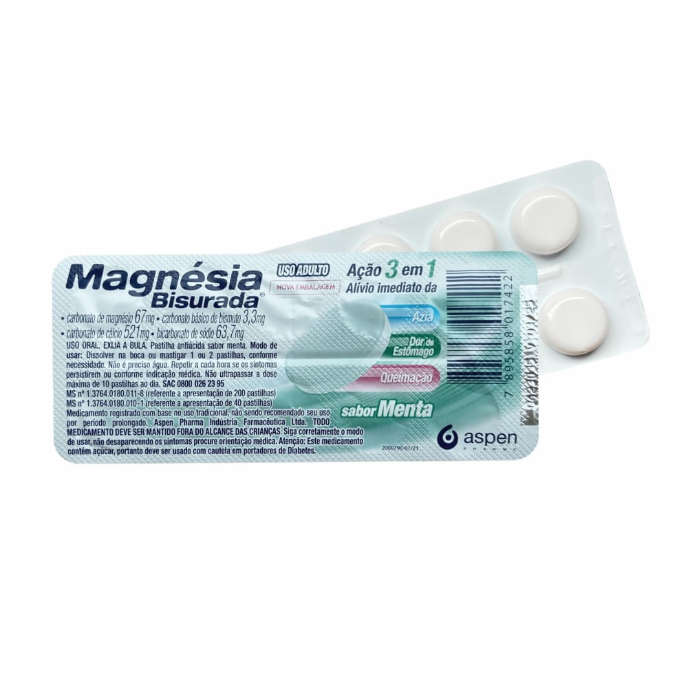 Magnésia Bisurada 63.7mg + 3.3mg + 521mg + 67mg Pastilha Sabor Menta - Blíster com 10 Pastilhas