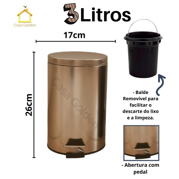 Encontraproduto.com.br - Lixeira Dourada Bronze Inox Com Pedal Para Banheiro 3 Litros