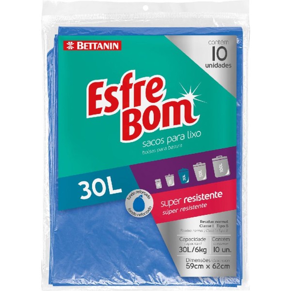 Encontraproduto.com.br - Saco de Lixo Almofada com Fundo Reforçado Azul 30L EsfreBom Bettanin 10 Unidades