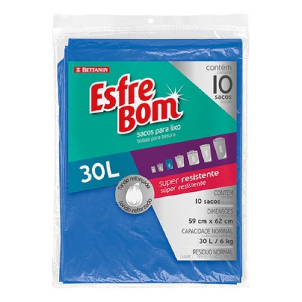Encontraproduto.com.br - Saco de Lixo Almofada com Fundo Reforçado Azul 30L EsfreBom Bettanin 10 Unidades