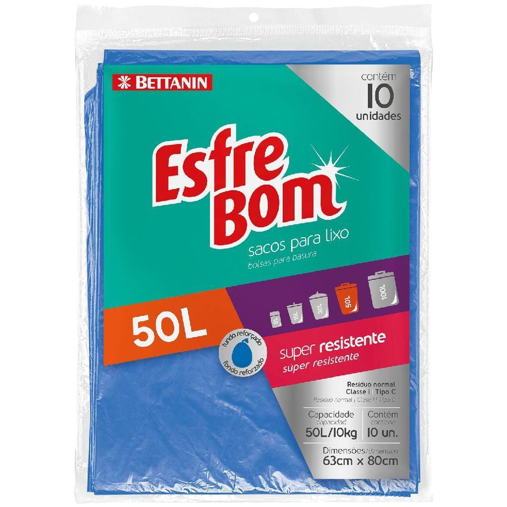 Saco de Lixo Almofada com Fundo Reforçado Azul 50L EsfreBom Bettanin 10 Unidades