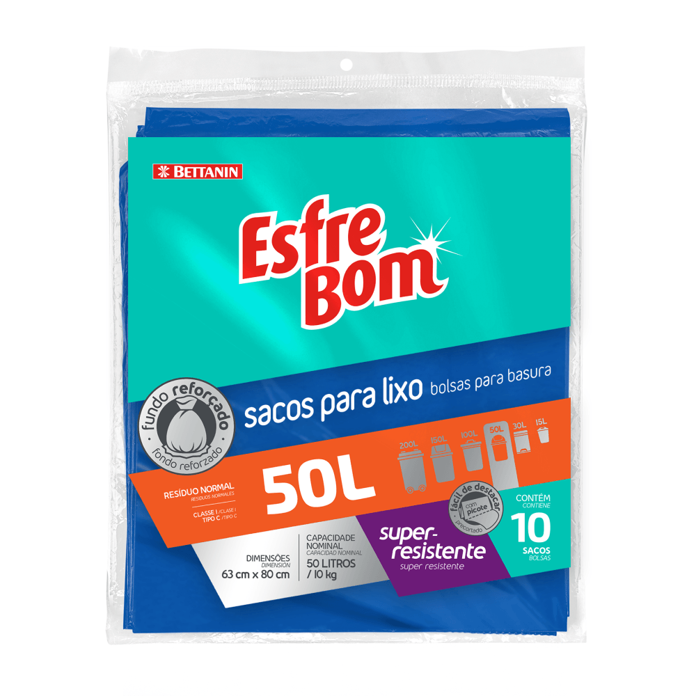 Encontraproduto.com.br - Saco de Lixo Almofada com Fundo Reforçado Azul 50L EsfreBom Bettanin 10 Unidades