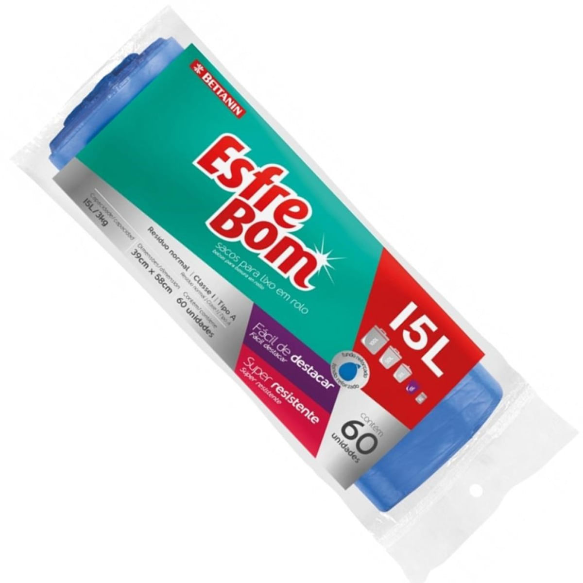 Encontraproduto.com.br - Saco de Lixo em Rolo com Fundo Reforçado Azul 15L EsfreBom Bettanin 40 Unidades