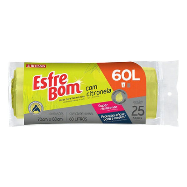 Encontraproduto.com.br - Saco de Lixo em Rolo com Citronela e Fundo Reforçado Pistache 60L EsfreBom Bettanin 25 Unidades