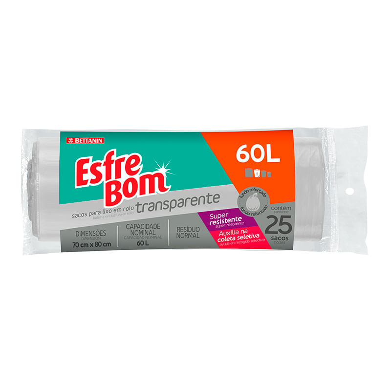 Saco de Lixo em Rolo com Fundo Reforçado Transparente 60L EsfreBom Bettanin 25 Unidades