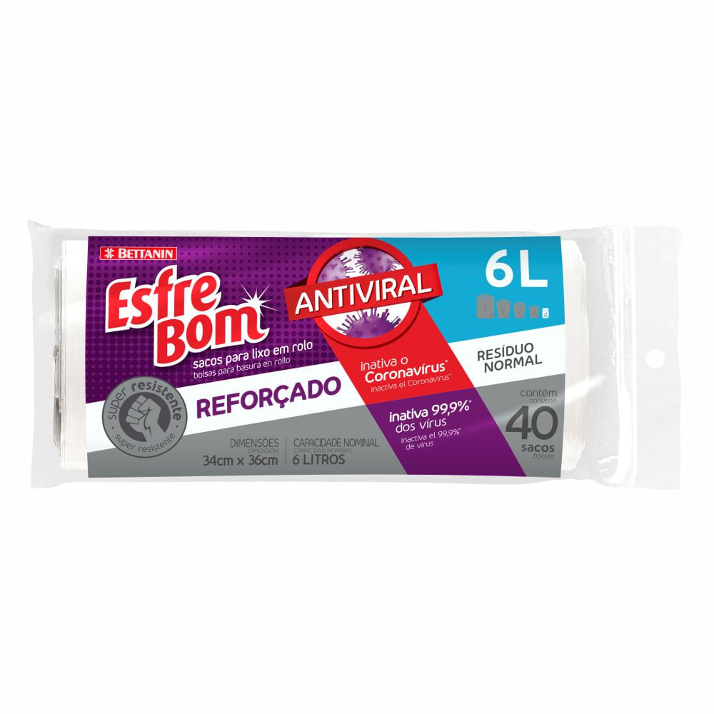 Encontraproduto.com.br - Saco Para Lixo Esfrebom Bettanin Antiviral Super Resistente Reforçado 6L Pacote com 40 Sacos