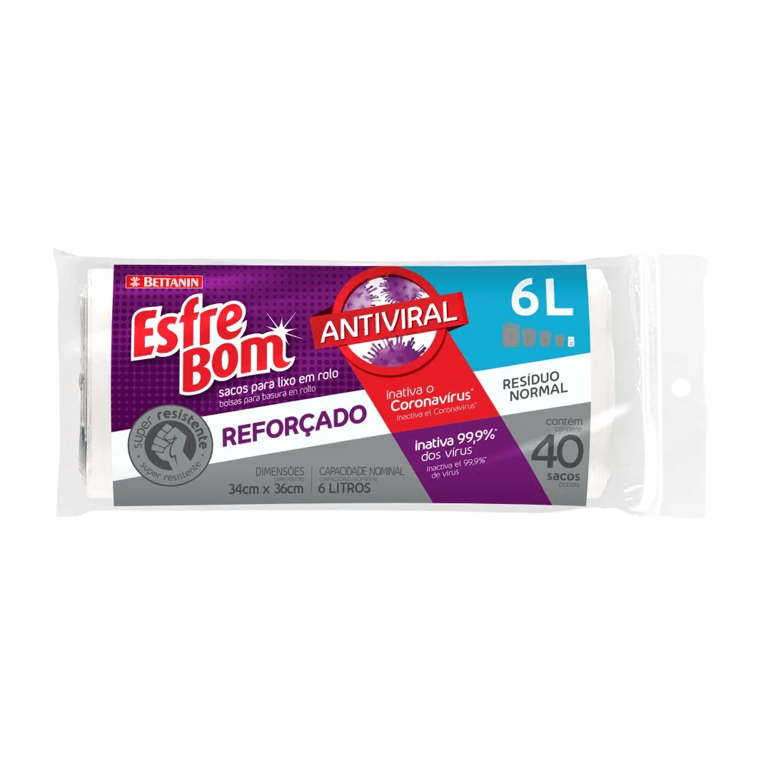 Encontraproduto.com.br - Saco Para Lixo Esfrebom Bettanin Antiviral Super Resistente Reforçado 6L Pacote com 40 Sacos