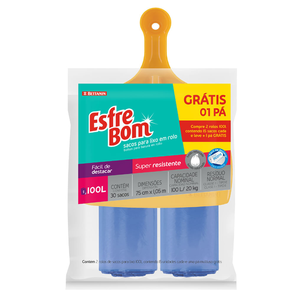 Encontraproduto.com.br - Saco de Lixo em Rolo com Fundo Reforçado Azul 100L com Pá de Lixo EsfreBom Bettanin