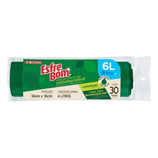 Saco de Lixo em Rolo Oxibiodegradável com Fundo Reforçado 6L EsfreBom Bettanin 30 Unidades