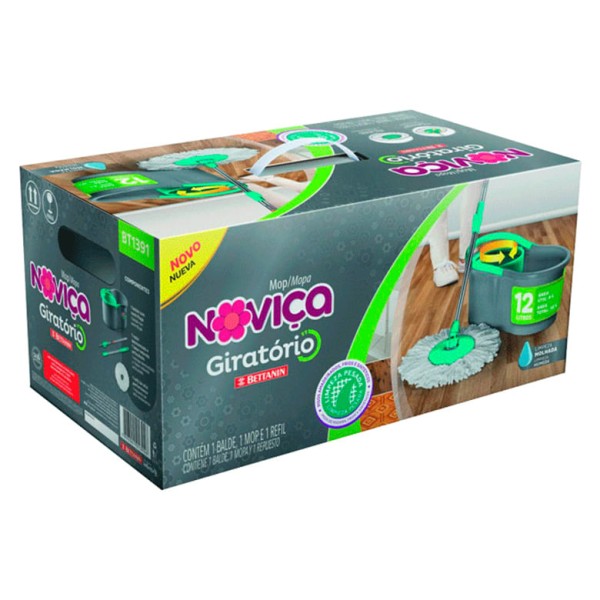 Encontraproduto.com.br - Mop Giratório de Microfibra com Cabo e Balde 12L Noviça Bettanin