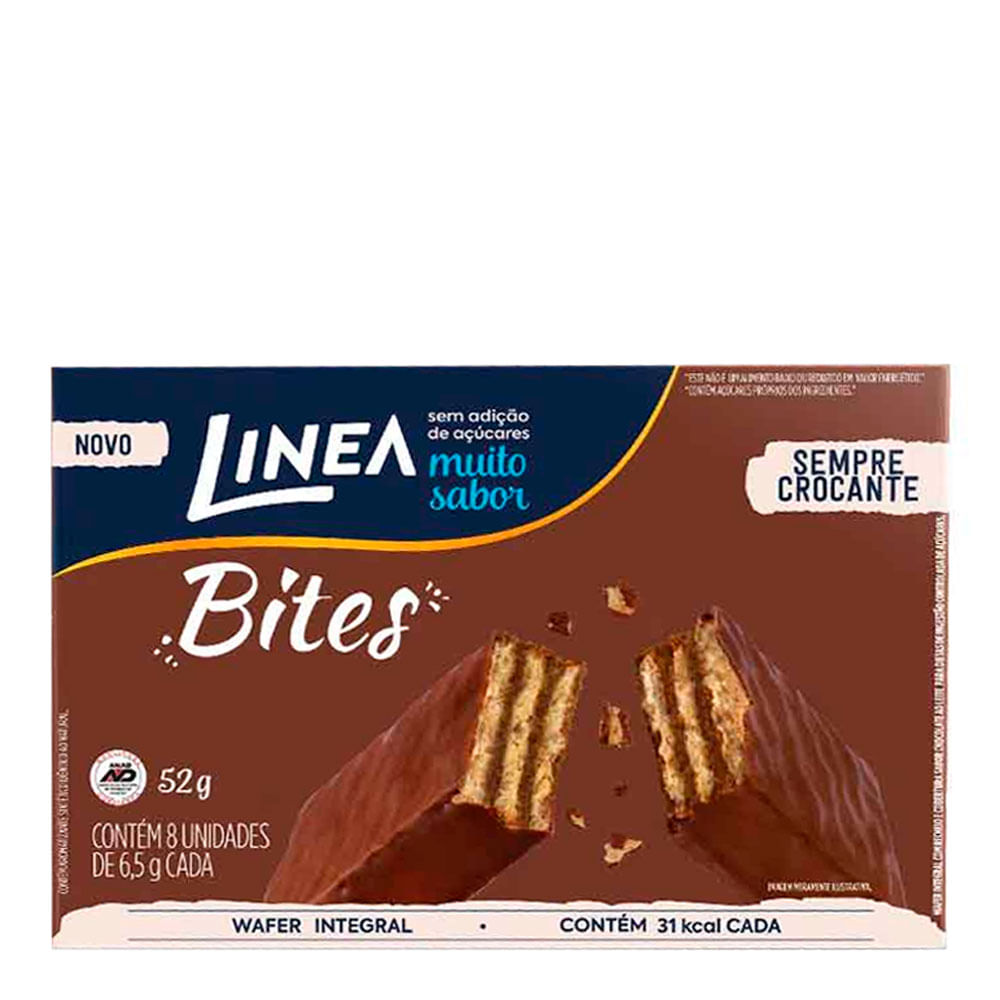 Encontraproduto.com.br - Wafer Linea Bites Integral Recheio e Cobertura Chocolate ao Leite Caixa 52g Pack c/ 8 Unid