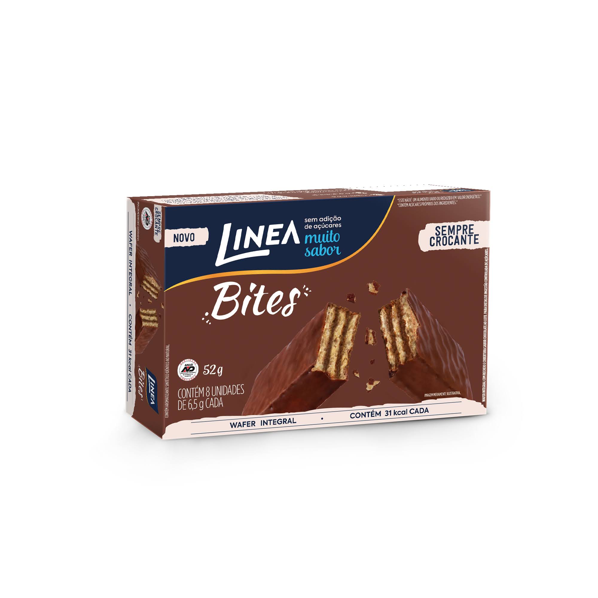 Encontraproduto.com.br - Wafer Linea Bites Integral Recheio e Cobertura Chocolate ao Leite Caixa 52g Pack c/ 8 Unid