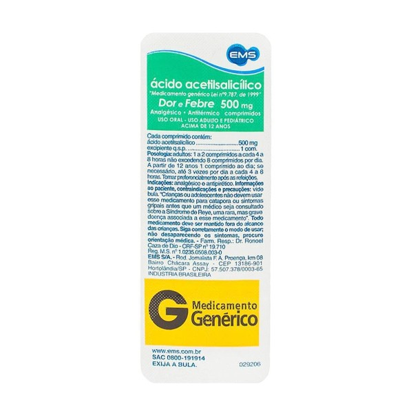 Encontraproduto.com.br - Ácido Acetilsalicílico Adulto 500mg com 10 Comprimidos - Ems Genérico