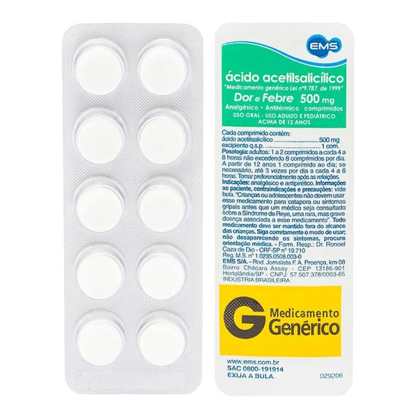 Encontraproduto.com.br - Ácido Acetilsalicílico Adulto 500mg com 10 Comprimidos - Ems Genérico