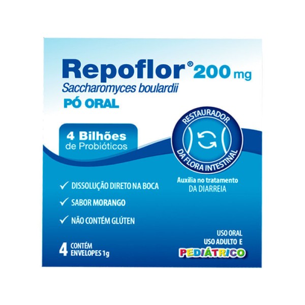 Encontraproduto.com.br - Repoflor 200mg Pediátrico Sabor Morango 4 Envelopes 1g