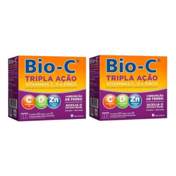 Suplemento Alimentar Bio-C Tripla Ação Sabor Laranja 30 Comprimidos Efervescentes