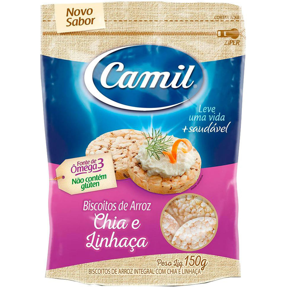 Biscoito de Arroz Integral Camil Chia e linhaça Pacote com 150g