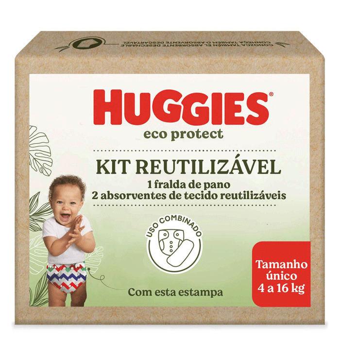 Encontraproduto.com.br - Kit Reutilizável Huggies Eco Protect 1 Fralda de Pano com Diferentes Estampas Listradas e 2 Absorventes de Tecido Reutilizáveis Tamanho Único 4 a 16kg