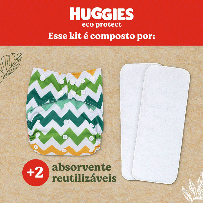 Encontraproduto.com.br - Kit Reutilizável Huggies Eco Protect 1 Fralda de Pano com Diferentes Estampas Listradas e 2 Absorventes de Tecido Reutilizáveis Tamanho Único 4 a 16kg