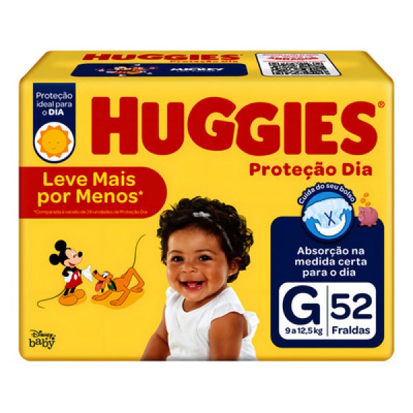 Fralda Descartável Infantil Huggies Proteção Dia G 9 a 12,5kg Pacote 52 Unidades Leve Mais Pague Menos