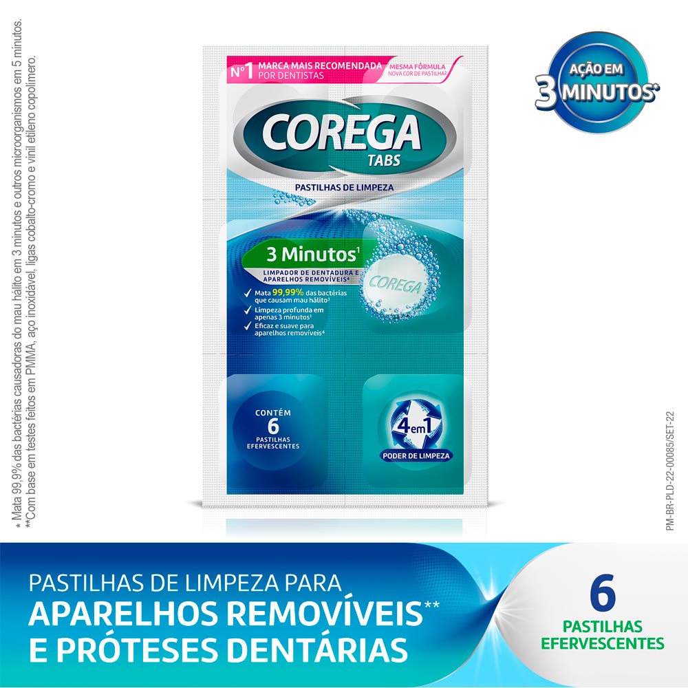 Encontraproduto.com.br - Limpador de Dentadura e Aparelhos Corega Tabs 3 Minutos 6 Pastilhas Efervescentes