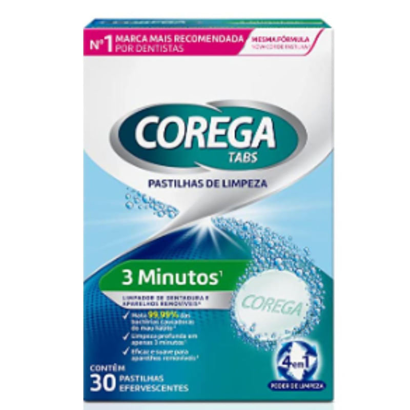 Encontraproduto.com.br - Pastilha de Limpeza Corega Tabs 3 minutos Caixeta com 30 unidades
