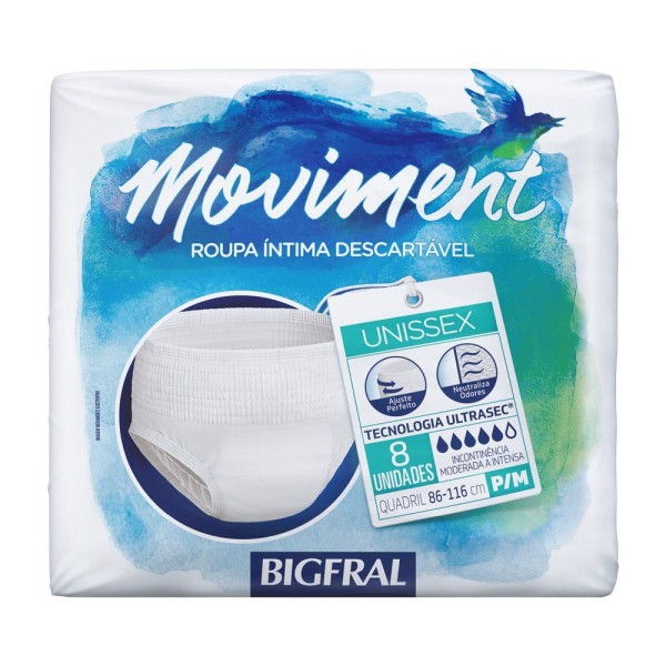 Encontraproduto.com.br - Roupa Íntima Descartável Unissex Bigfral Moviment P/M Pacote 8 Unidades