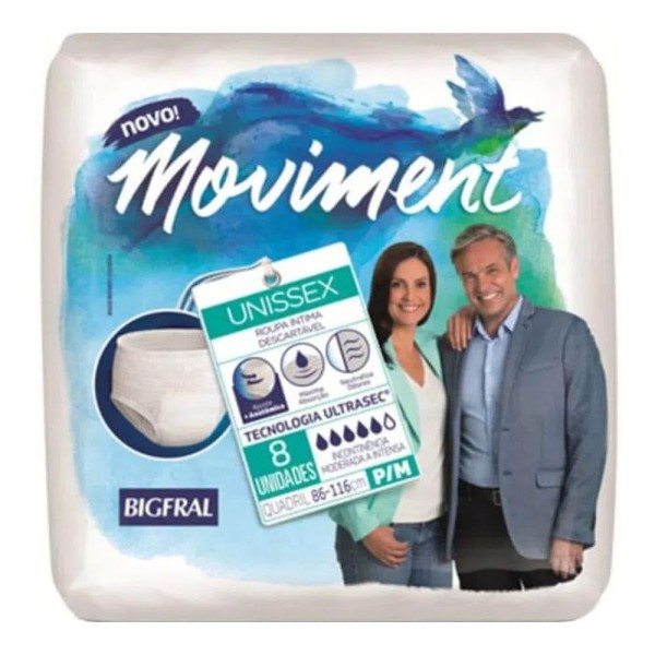 Encontraproduto.com.br - Roupa Íntima Descartável Unissex Bigfral Moviment P/M Pacote 8 Unidades