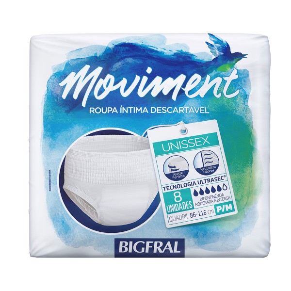 Encontraproduto.com.br - Roupa Íntima Descartável Unissex Bigfral Moviment P/M Pacote 8 Unidades