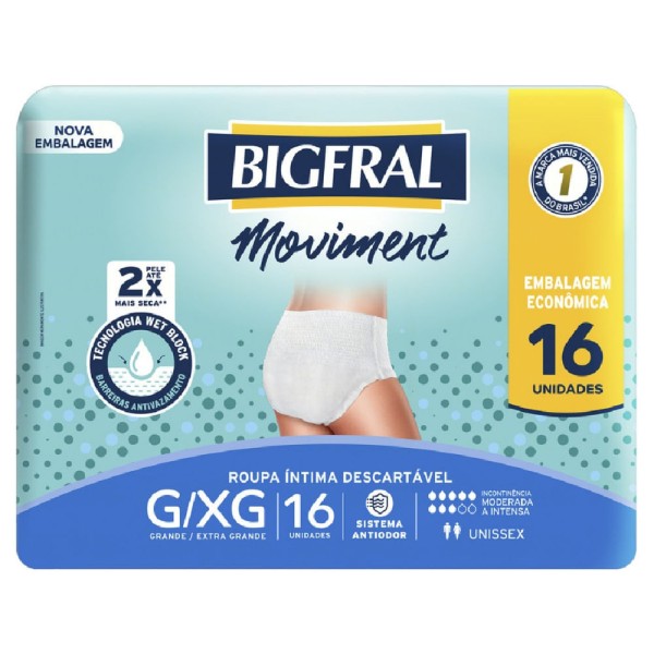 Encontraproduto.com.br - Roupa Íntima Descartável Bigfral Moviment G/XG c/16 Unidades