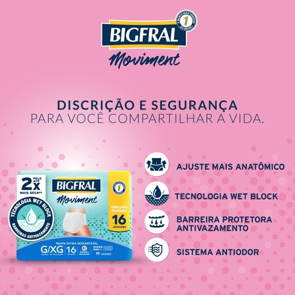 Encontraproduto.com.br - Roupa Íntima Descartável Bigfral Moviment G/XG c/16 Unidades