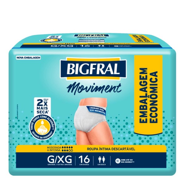Encontraproduto.com.br - Roupa Íntima Descartável Bigfral Moviment G/XG c/16 Unidades