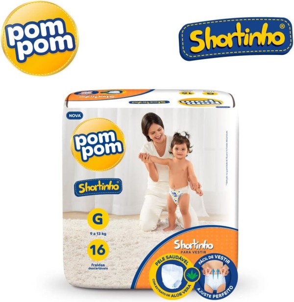 Encontraproduto.com.br - Fralda Descartável Infantil Shortinho Pom Pom G Pacote 16 Unidades