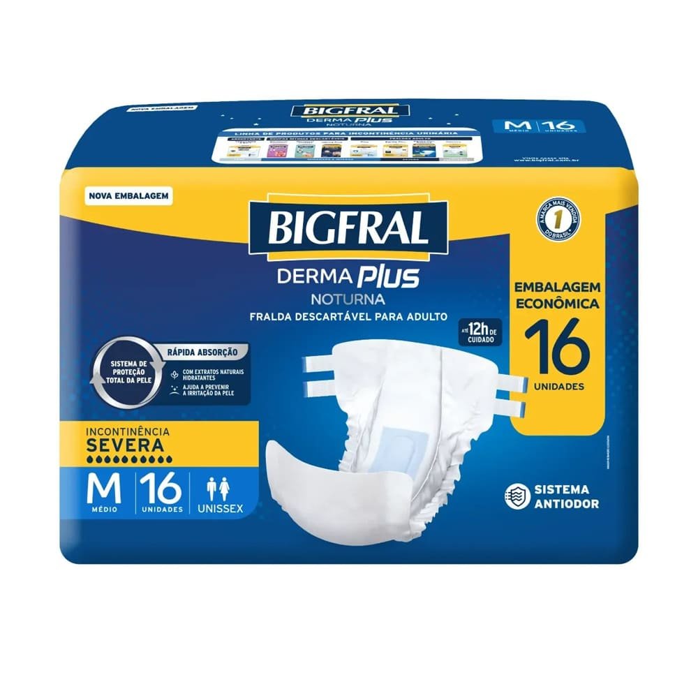 Encontraproduto.com.br - Fralda Descartável Bigfral Derma Plus Noturna M Embalagem Econômica 16 Unidades