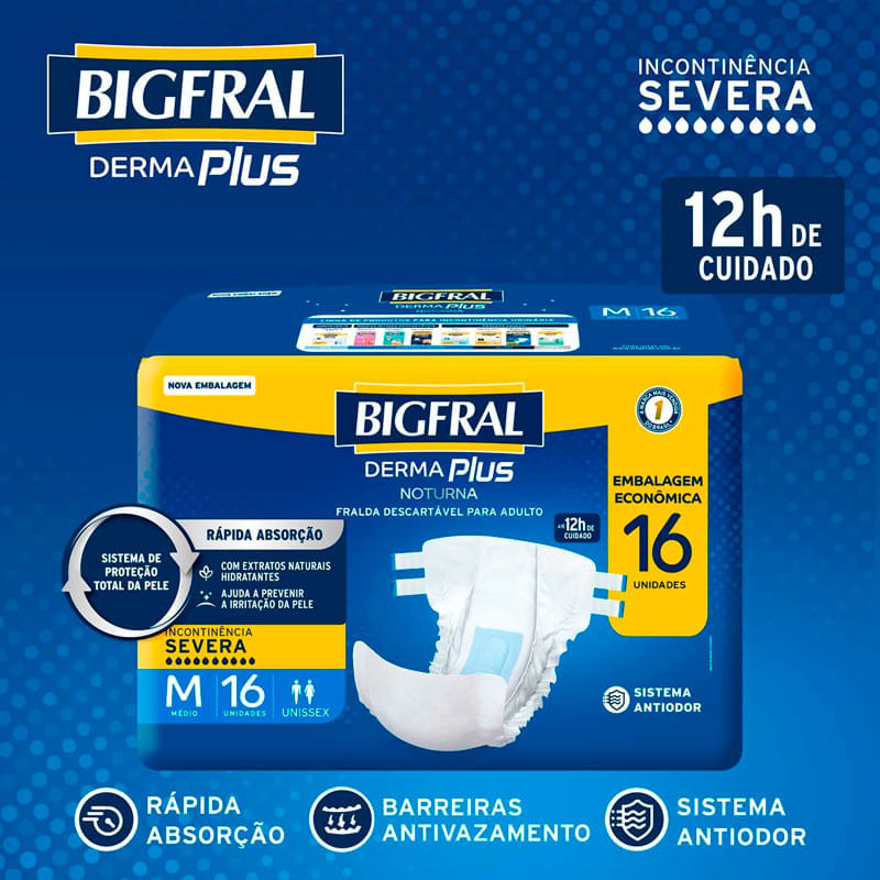 Encontraproduto.com.br - Fralda Descartável Bigfral Derma Plus Noturna M Embalagem Econômica 16 Unidades