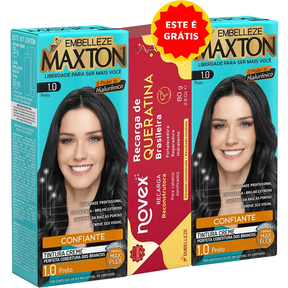 Tinta de Cabelo Maxton 1.0 Preto 2 Unidades + Recarga de Queratina Novex 80g