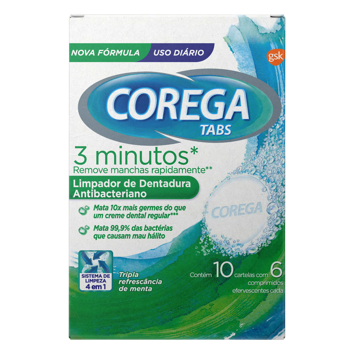 Limpador de Dentadura Menta Corega Tabs Cartela 6 Comprimidos