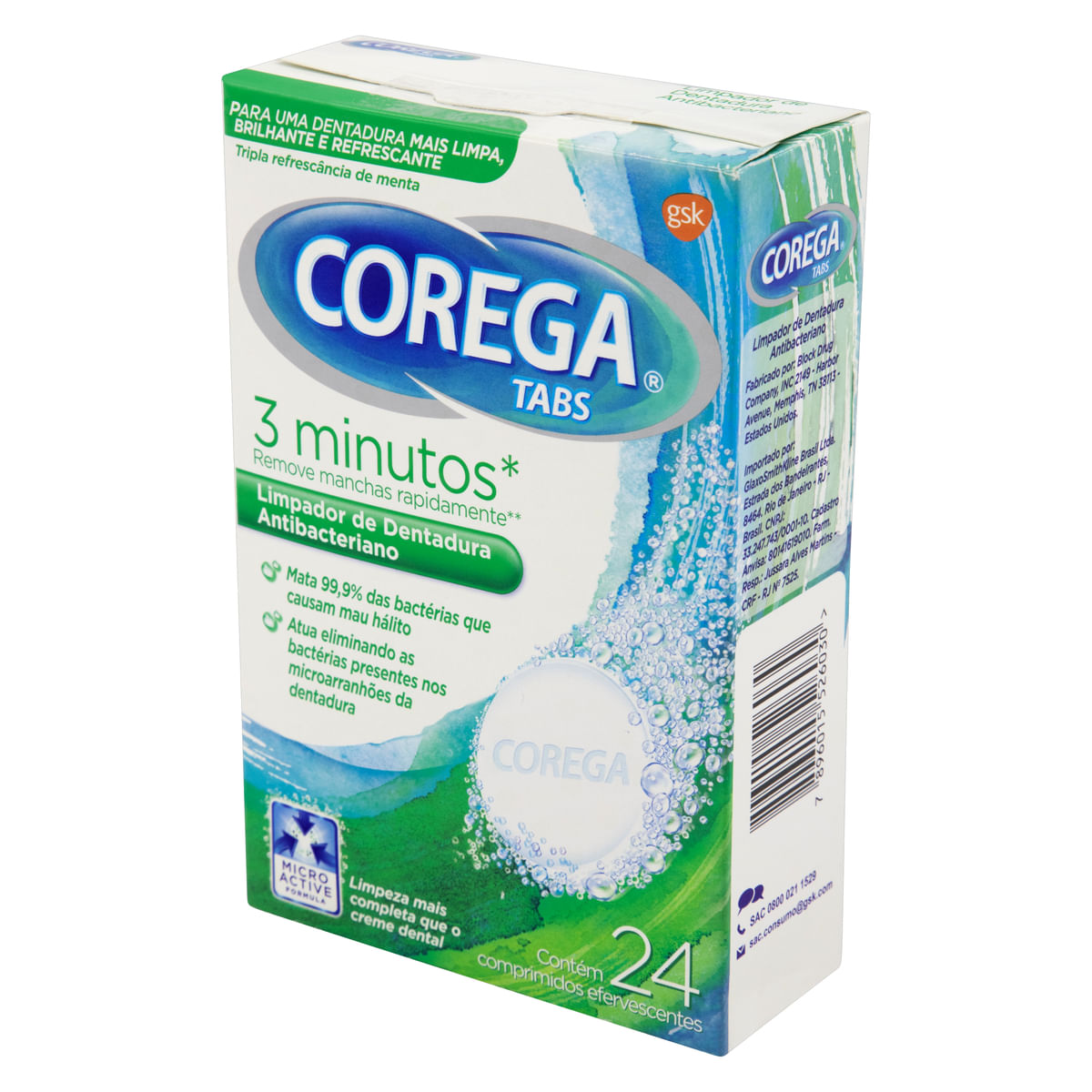 Encontraproduto.com.br - Corega Tabs 3 Min. Limpeza p/ Próteses e Aparelhos Removíveis 24 unidades