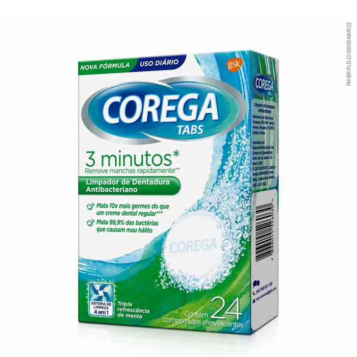 Encontraproduto.com.br - Corega Tabs 3 Min. Limpeza p/ Próteses e Aparelhos Removíveis 24 unidades