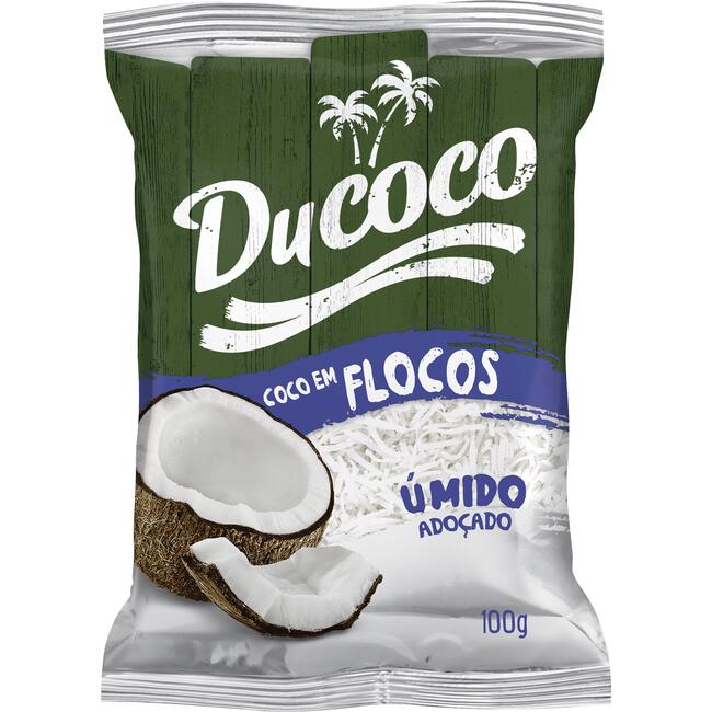 Encontraproduto.com.br - Coco Ralado Úmido Adoçado Em Flocos Ducoco Pacote 100g