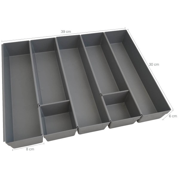 Encontraproduto.com.br - Organizador Gavetas 7 Peças Separador Talheres Encaixes Divisor Cinza