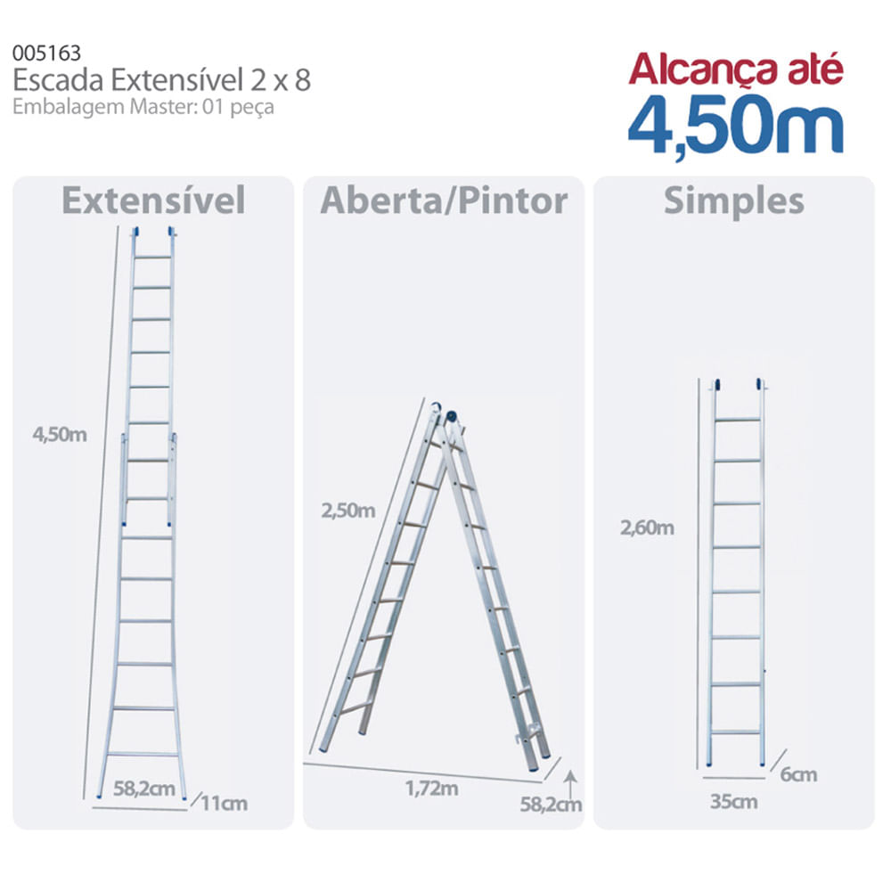 Encontraproduto.com.br - Escada de Alumínio Mor 2 x 8 Degraus Extensiva, 3 em 1 - 5204