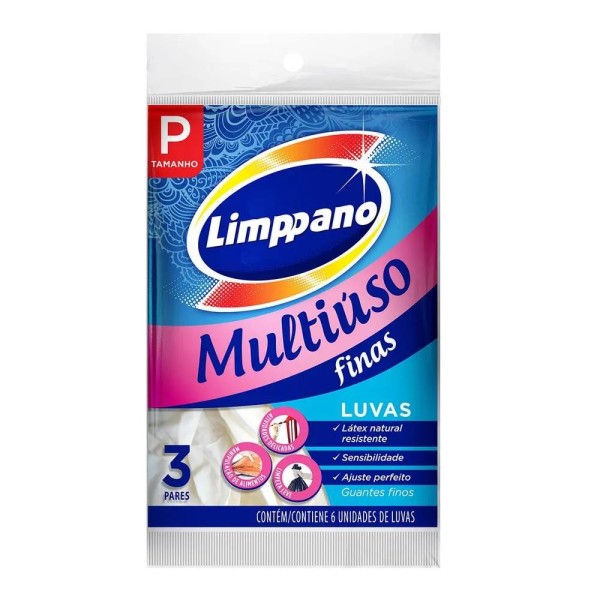 Encontraproduto.com.br - Luva de Látex Fina Multiuso Tamanho P Limppano Pacote 6 unidades