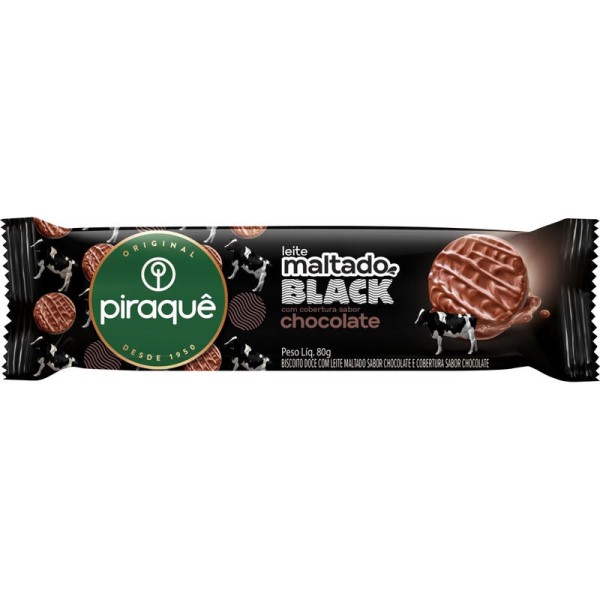 Biscoito Leite Maltado Piraquê Black cobertura de Chocolate Pacote com 80g