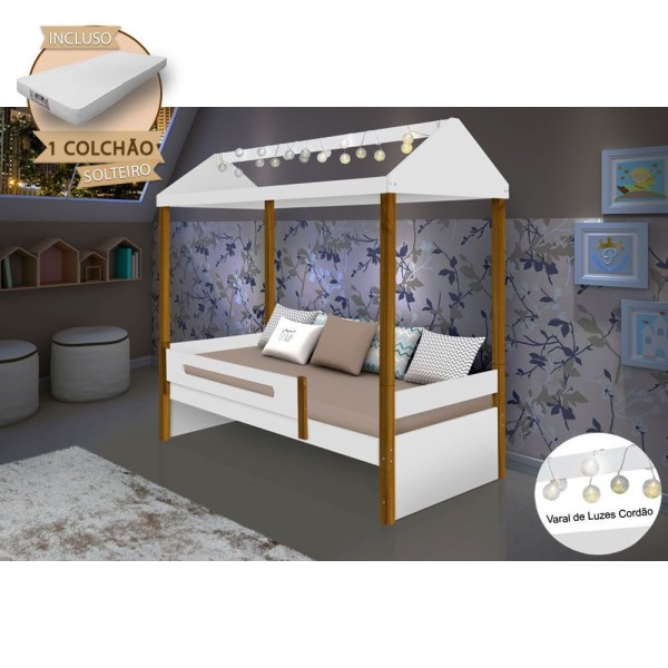 Encontraproduto.com.br - Cama Montessoriana Infantil Sara Solteiro Com Led E Colchão Divaloto - Branco/Amêndoa - Cor: Branco