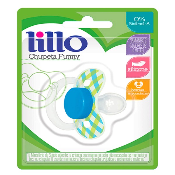 Encontraproduto.com.br - Chupeta Lillo Funny Xadrez Tamanho 2 Ortodôntica Silicone Azul