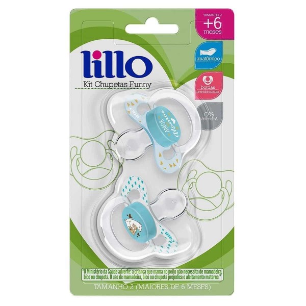 Encontraproduto.com.br - Kit Chupeta De Bebê 2 Unidades Infantil Com Bico de Silicone De 0 à 6 Meses Tam 1 Funny Azul Lillo