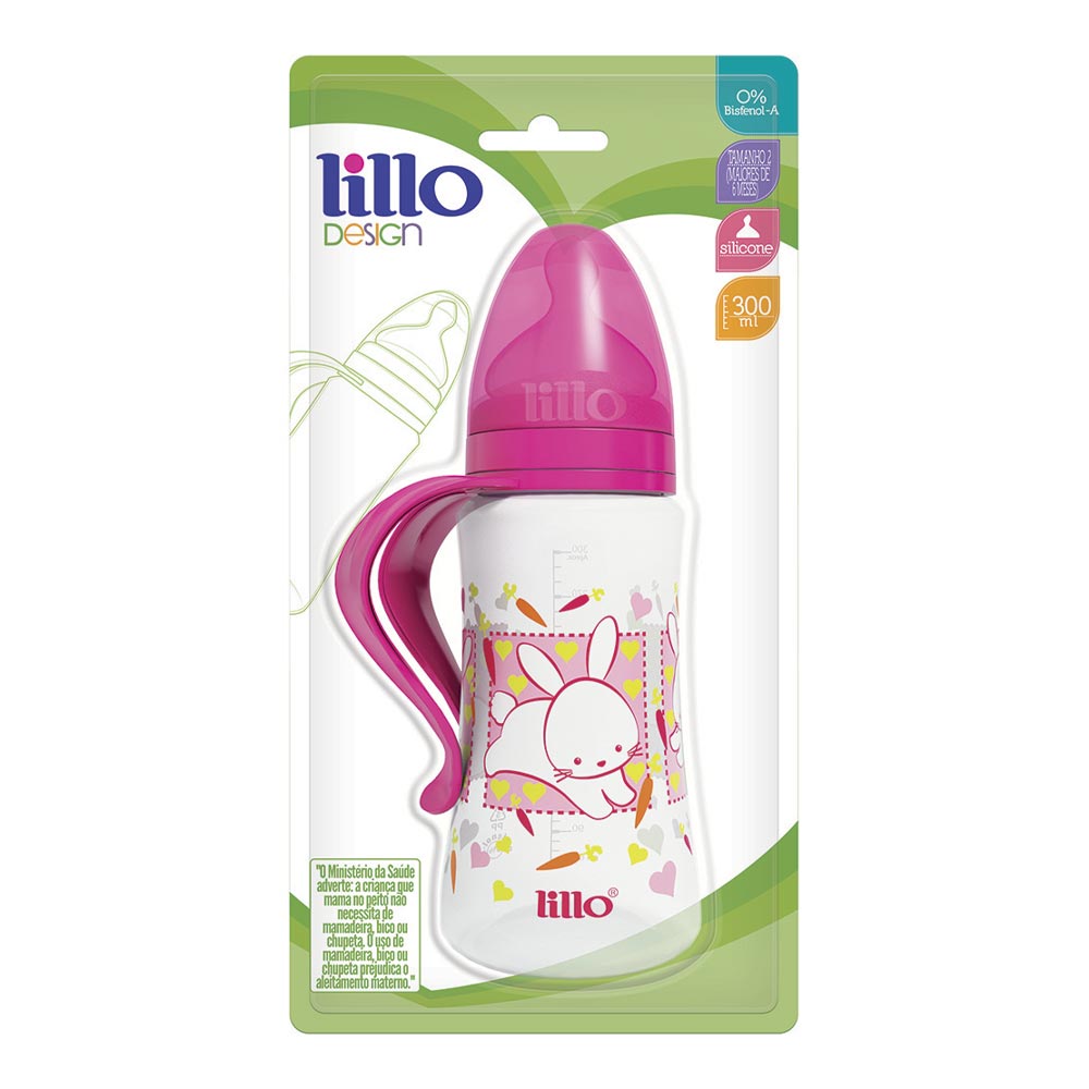 Encontraproduto.com.br - Mamadeira Lillo Desing Fashion Com Alça Bico Ortodôntico Silicone Rosa Tamanho 2 com 300ml